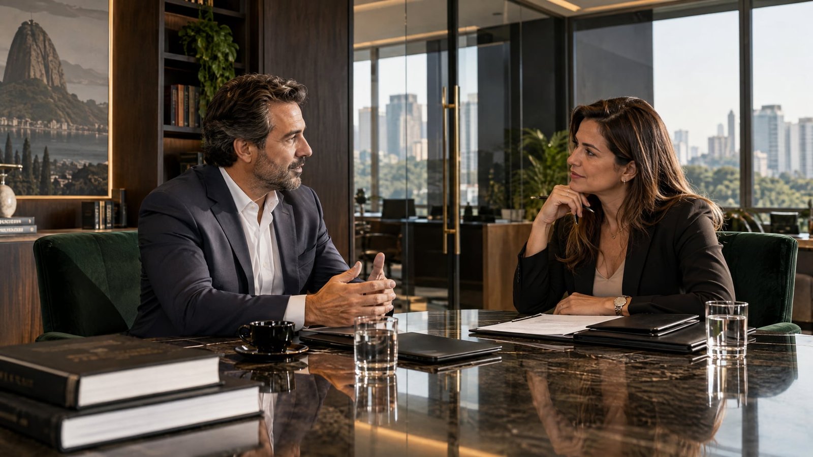 Empresário explicando sua situação a uma consultora, que o escuta com atenção, em uma mesa de reunião